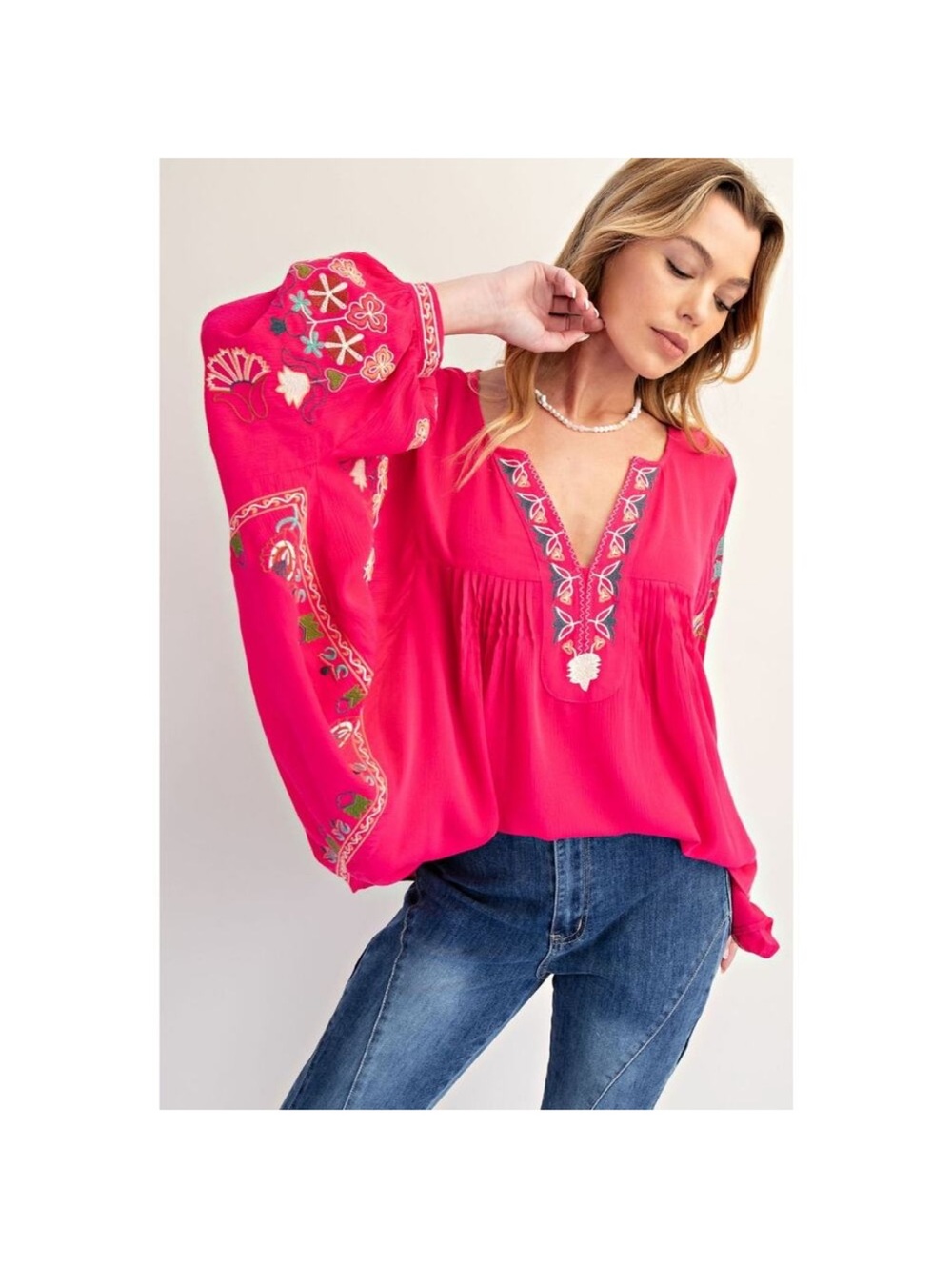 easel “Bianca” Pink Embroidered V-Neck Peasant Tunic NWT - Picture 4 of 11